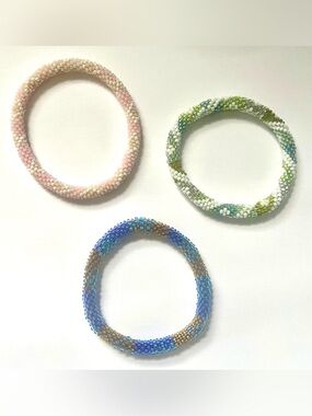 Beaded Roll On Bracelets - Pink, Green, Blue
